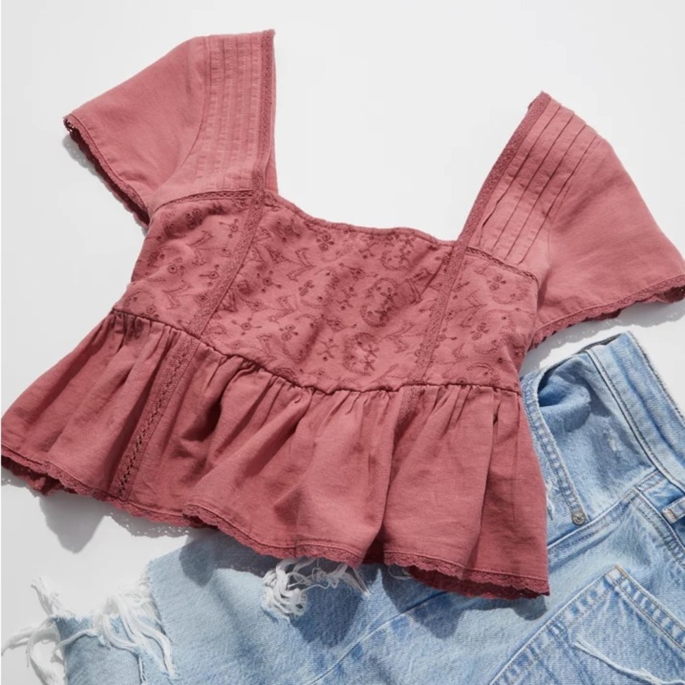 American Eagle Outfitters Plum Embroidered Blouse